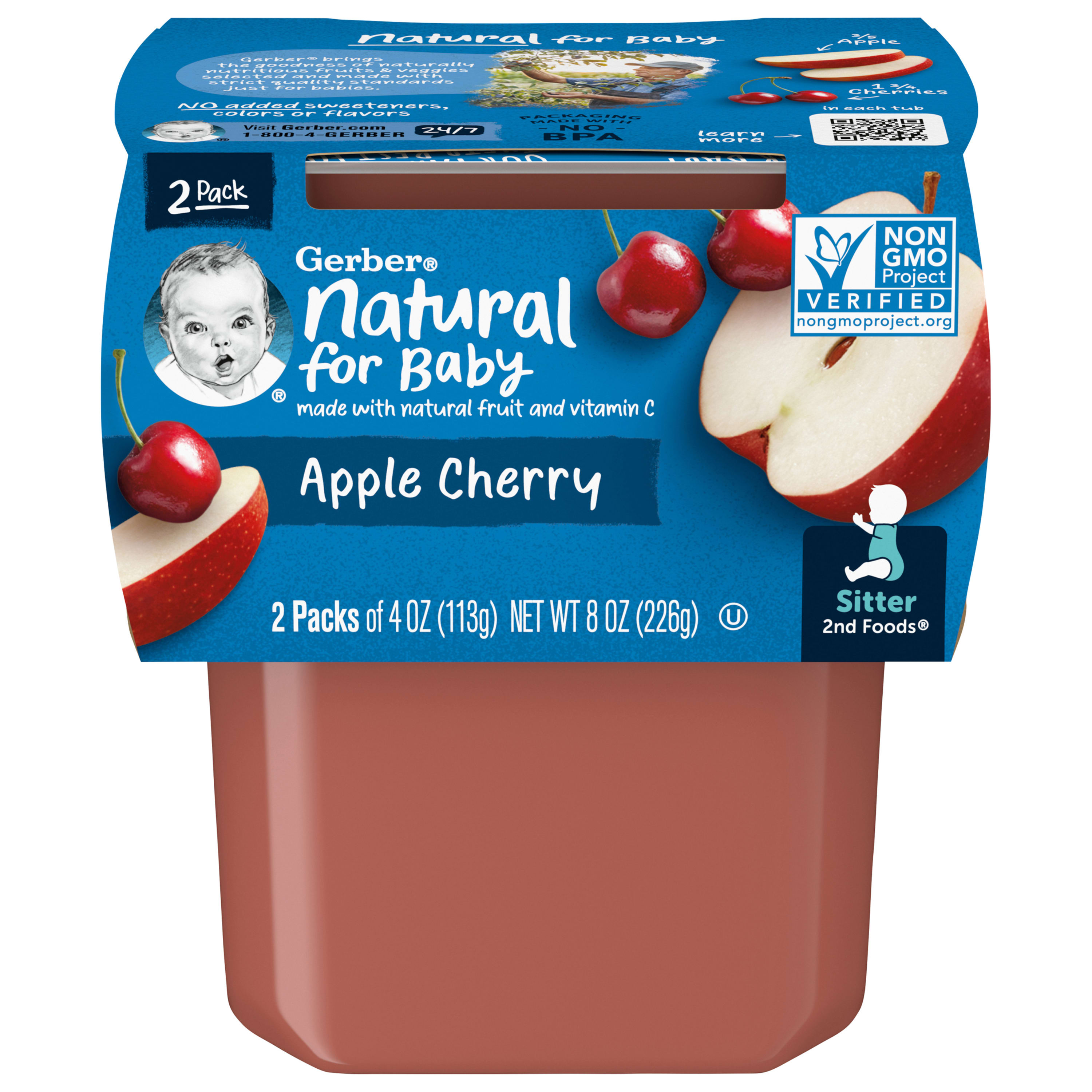 Gerber 2nd Foods Natural for Baby Baby Food, Apple Cherry, 4 oz Tubs (16 Pack)