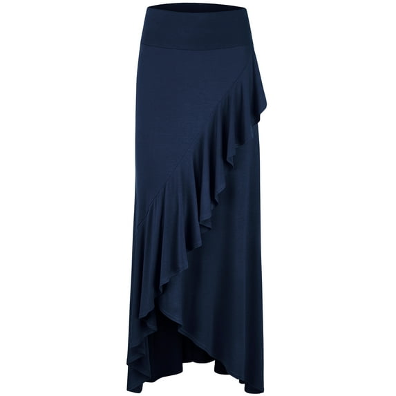 Made by Johnny Women's Wrapped High Low Ruffle Maxi Skirt M NAVY