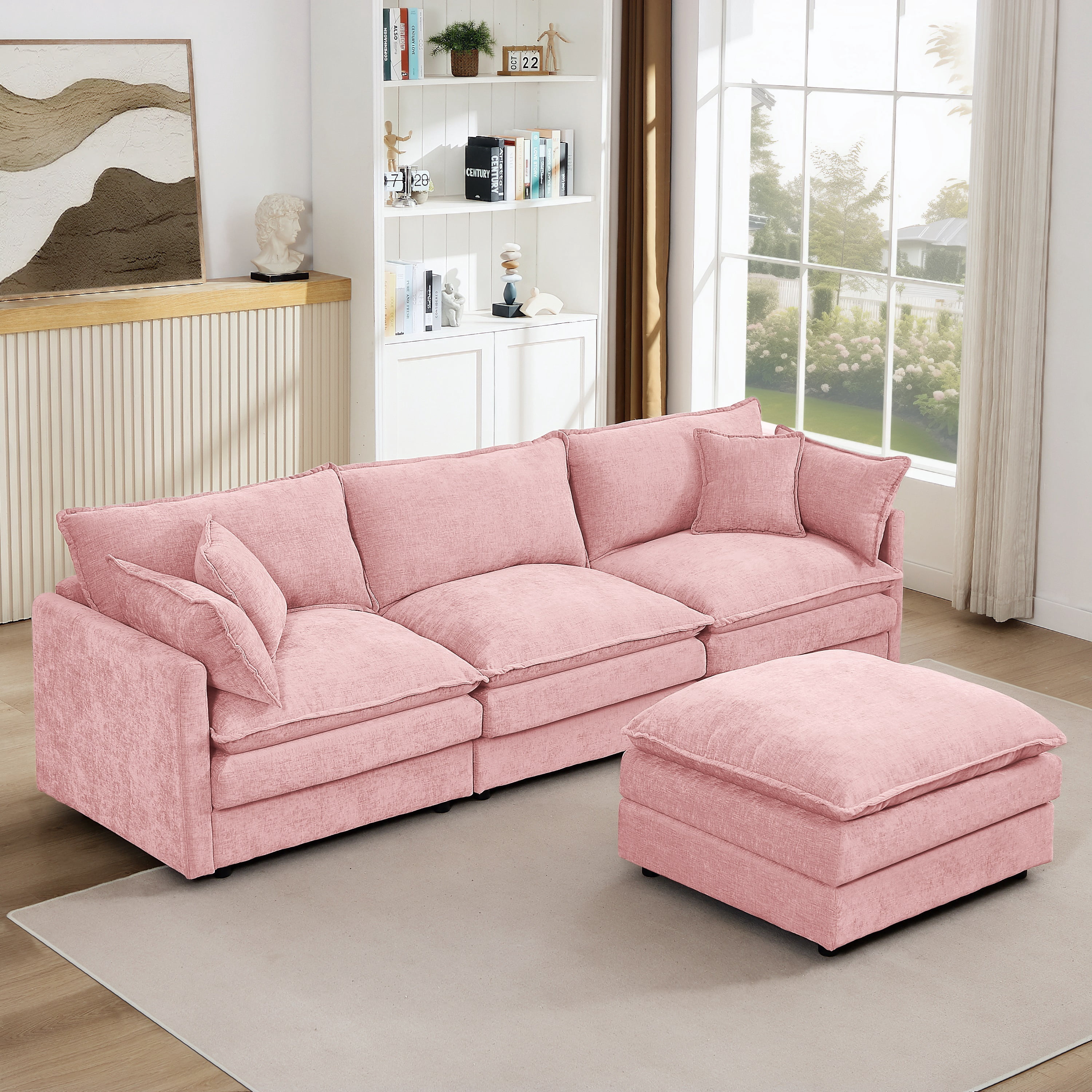 Muumblus Sectional Cloud Couch with Reversible Ottoman, L-Shaped Chenille Sofa for Living Room, Pink