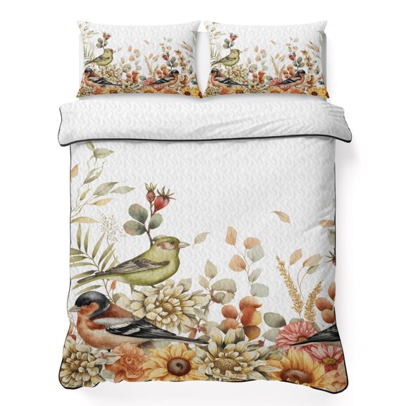 Twin Quilt Bedding Set, Thanksgiving Eucalyptus Leaves Soft Microfiber Summer Bedspread Coverlet with 2 Pillow Shams for All Season, Autumn Brown Green Bird Breathable Bedding Set for Hot Sleepers