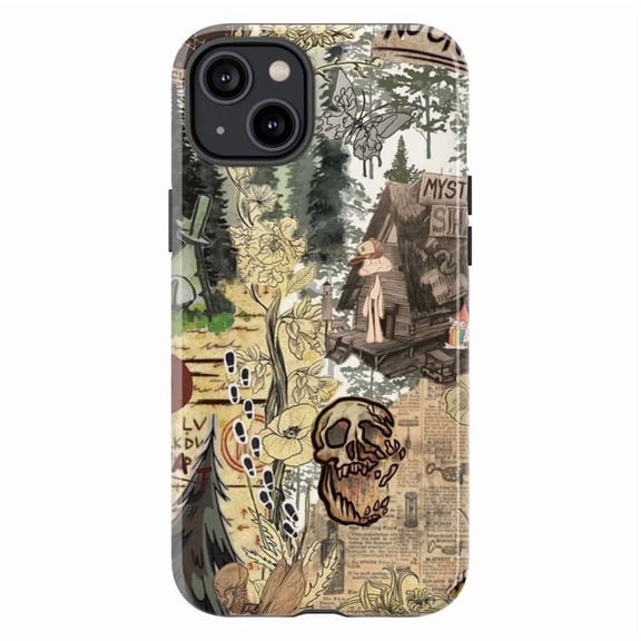 Mystery Forest Collage Phone Case, Vintage Cabin and Skull Botanical Art Protective Cover for iPhone 17 16 15 14 13 12 11 Plus Pro Max Mini