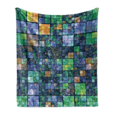 Modern Soft Flannel Fleece Throw Blanket, Mosaic Geometric Style Rainbow Colors Patchwork like Design Artwork, Cozy Plush for Indoor and Outdoor Use, 50" x 70", Blue Yellow and Green, by Ambesonne