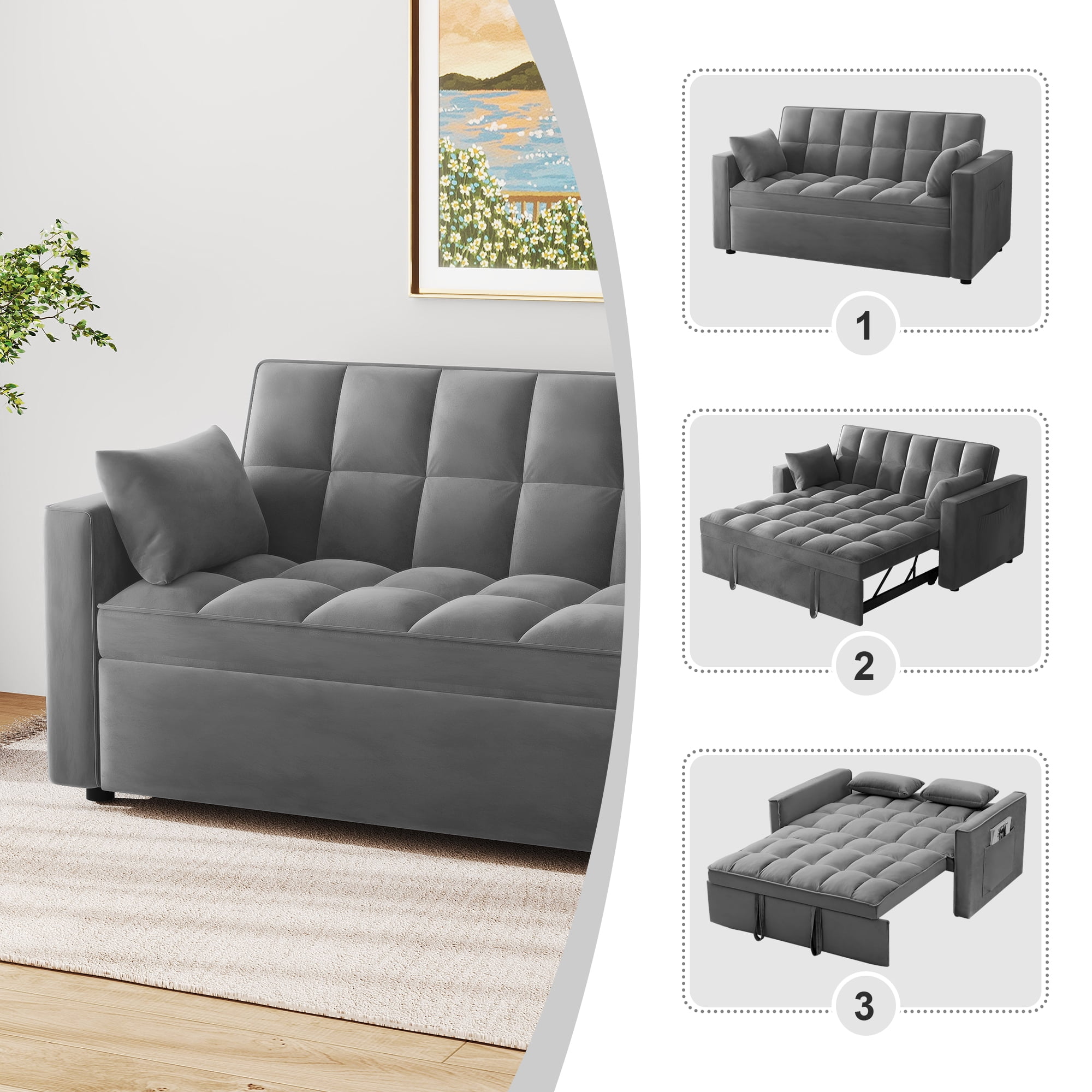 AENKYO Convertible Pull-Out Loveseat Sleeper Sofa Bed for Living Room, Modern Upholstered Futon in Dark Gray