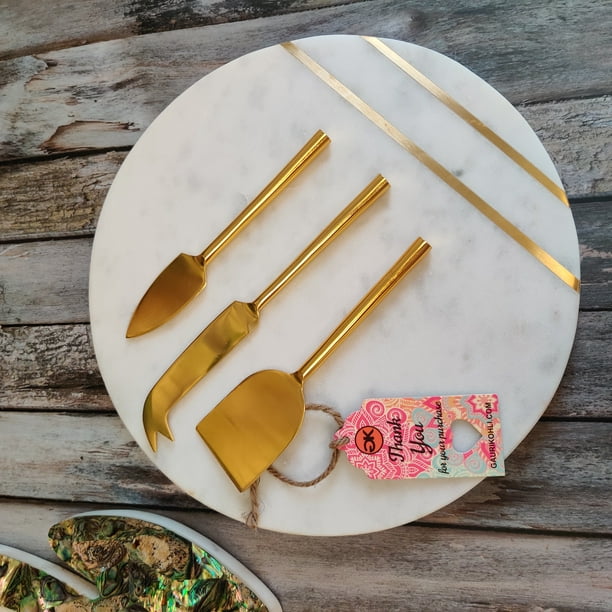 Gauri Kohli Bavaria Round Marble Cheese Board With Gold Knives Set Com Gauri Kohli Bavaria Round Marble Cheese, Round Marble Cheese Board