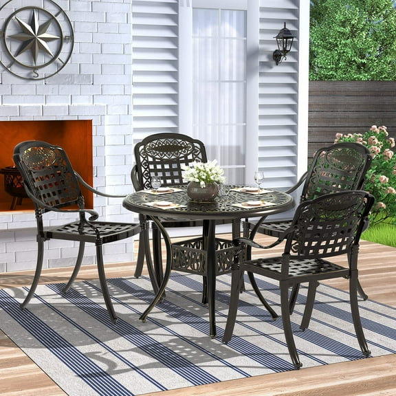 MEETWARM 5-Piece Cast Aluminum Outdoor Dining Sets with Round Table and Chairs, Dark Bronze