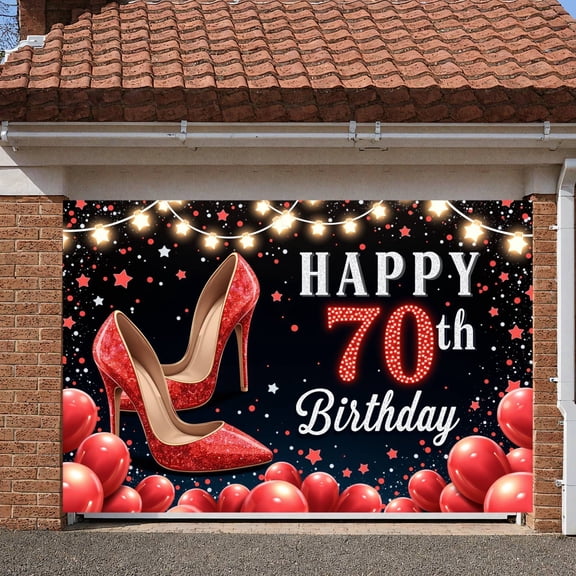 Red Glitter 70th Birthday Banner High Heel Design Display Star Pattern Red Balloon Glitter Birthday Background for 70th Birthday Party Women's Celebration Indoor Decoration
