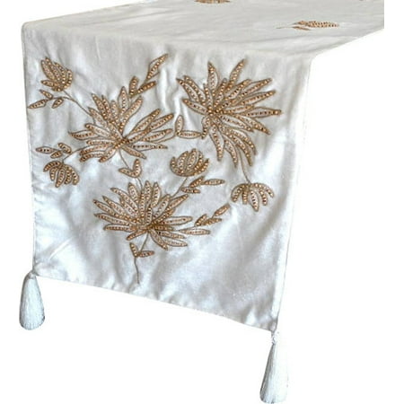 

Handmade Decorative Table Runner Ivory Brown 16 inch wide x 108 inch extra long Velvet Beaded Table Runner Sparkles Crystal Rhinestone Embroidered Pleated - Wooden Beads