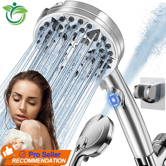 High Pressure Handheld Shower Head, 4.8" Large Panel Rain Shower Head with 9 Spray Modes, One-Touch Pause Button, Long Hose and Adjustable Bracket for Bathroom Cleaning and Pet Bath