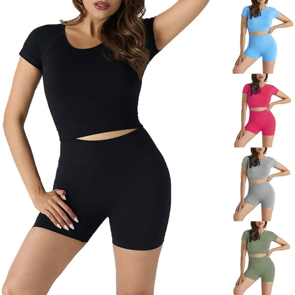 ZZwxWA Summer Women Seamless Yoga Outfits 2 Piece Workout Short Sleeve Crop Top with High Waisted Running Shorts Sets Activewear Solid