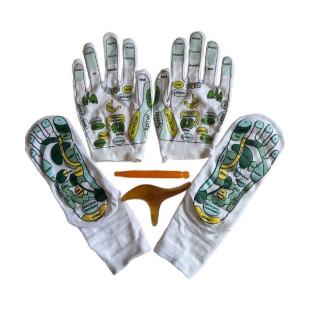 Juego de guantes y calcetines de reflexología de acupresión, herramientas de reflexología, con herramientas de puntuales, mano para Calcetines de tripulación