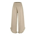 thumbnail image 3 of RPVATI Womens Linen Beach Pants Boho Casual Smocked Wide Leg High Waisted Palazzo Pants Summer Plus Size Ruffle Hem Flowy Loose Travel Pants with Pockets Khaki L, 3 of 4