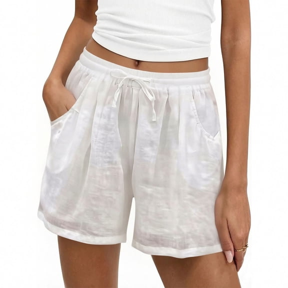 Costeam Womens Elastic Drawstring Waist Linen Blend Casual Shorts with Pockets Loose Fit Solid Color Summer Shorts