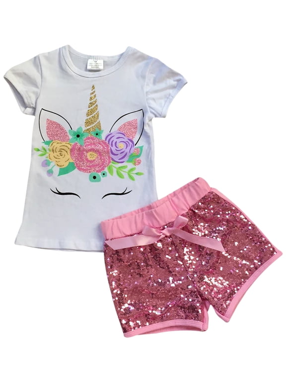 Toddler Girls 2 Pieces Short Set Unicorn Floral Tops Glitter Shorts Outfit White 2T XS (P201453P)