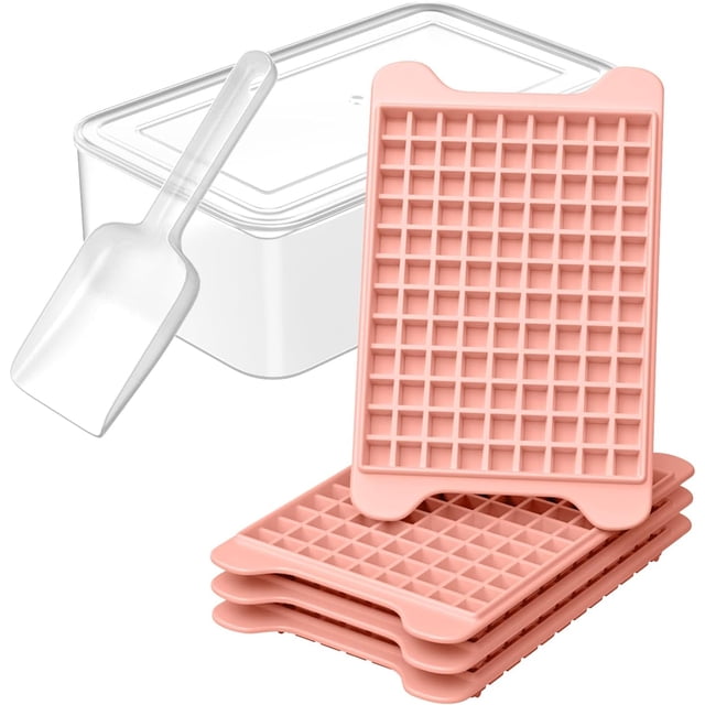 Molde de Cubitos de Hielo de Silicona con 117 Cubos Pequeños, Bandeja de Hielo con Tapa, Recipiente de Almacenamiento y Pala de Hielo, Fácil Desmoldeo para Congelador(Gris),Rosa