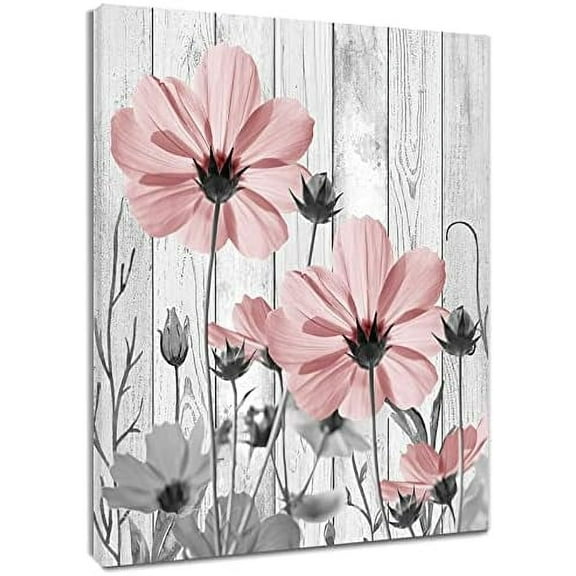 Pink Floral Canvas Wall Art Funny Country Pink and Grey Flower on Wood Wall Art for Living Room, Rustic Vintage Framed Abstract Painting for Bedroom Bathroom Decor, 12x16 Inches