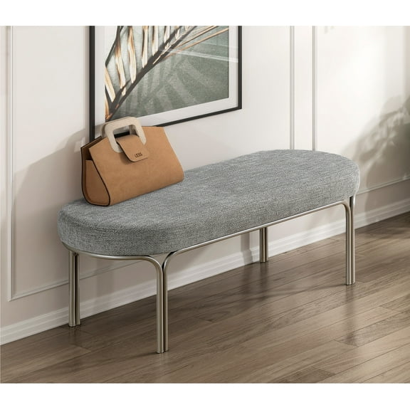 Modern Chenille Upholstery Entryway Bench - 48" Gray Soft Fabric, Champagne Metal Legs, Sleek Oval Design for Hallway, Living Room, Bedroom, Max 300lbs