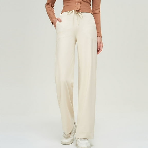 CLOISE Yoga Pants for Women Petite Wide Leg Yoga Pants Elastic Waist Drawstring Loose Fit Yoga Pants High Waisted Straight Leg Yoga Pants Pull On Soft Yoga Pants Trouser Yoga Pants Beige