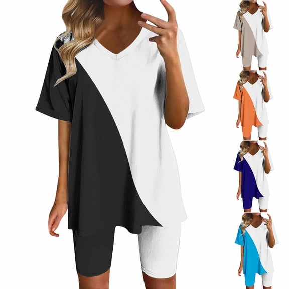 SROBPTY Set for Womens Print V Neck Short Sleeve Top Short Pants Outfits for Casual Wear