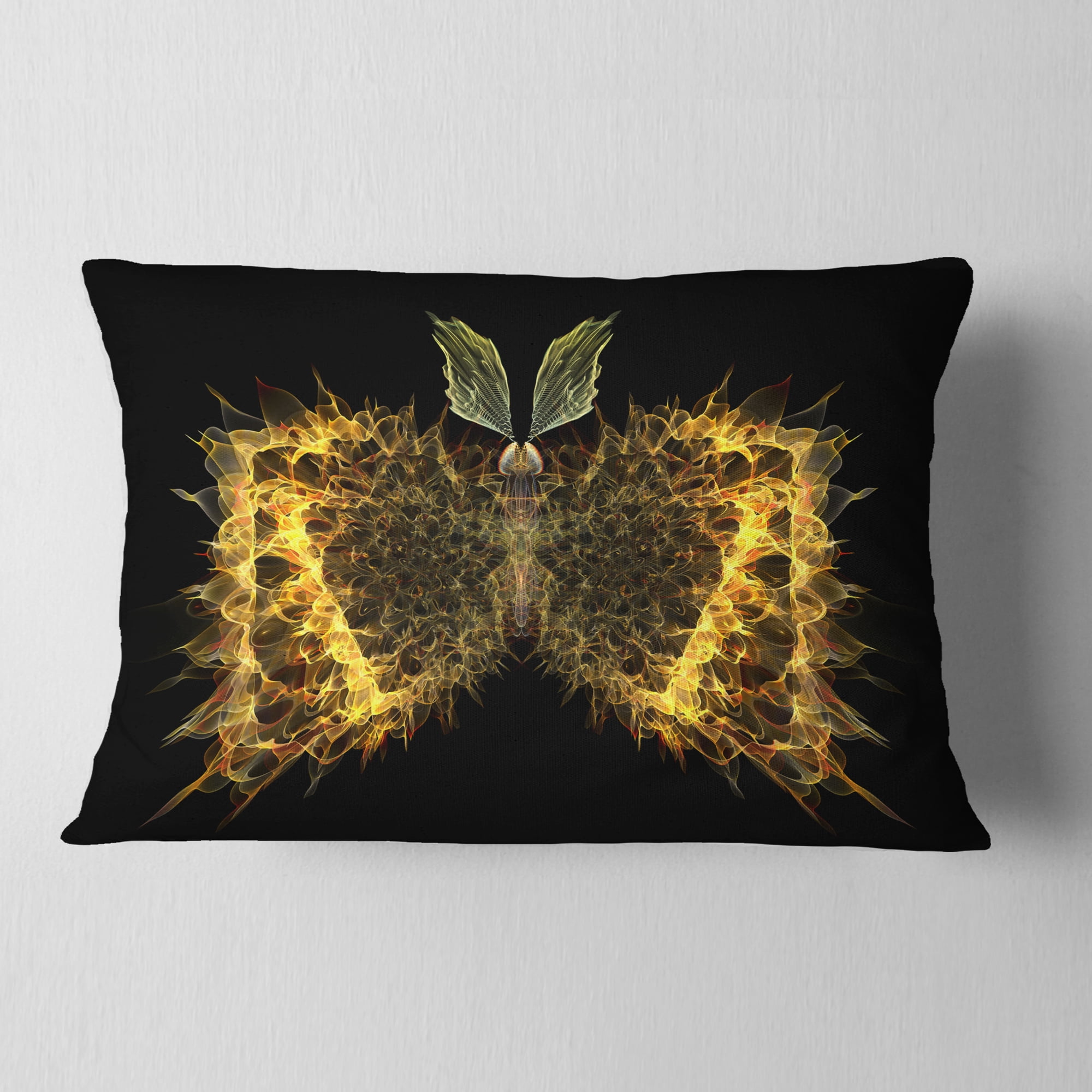 Designart Golden Fractal Butterfly in Dark - Abstract Throw Pillow - 12x20