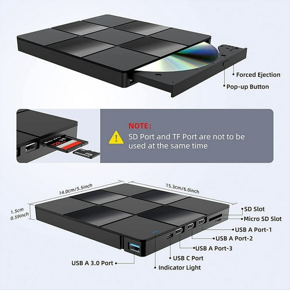 Unidad Óptica Multifunción Externa 7 en 1, USB, Ordenador, Reproductor de DVD, Portátil, Grabadora Externa, Ultrafina