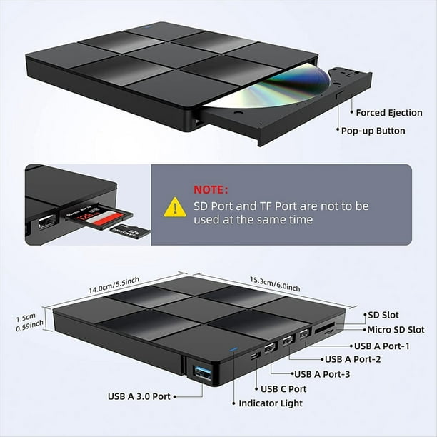 Unidad Óptica Multifunción Externa 7 en 1, USB, Ordenador, Reproductor de DVD, Portátil, Grabadora Externa, Ultrafina