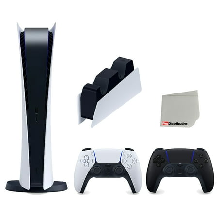 Sony Playstation 5 Digital Edition Console (Japan Import) with Extra Black Controller and DualSense Charging Station Bundle with Cleaning Cloth