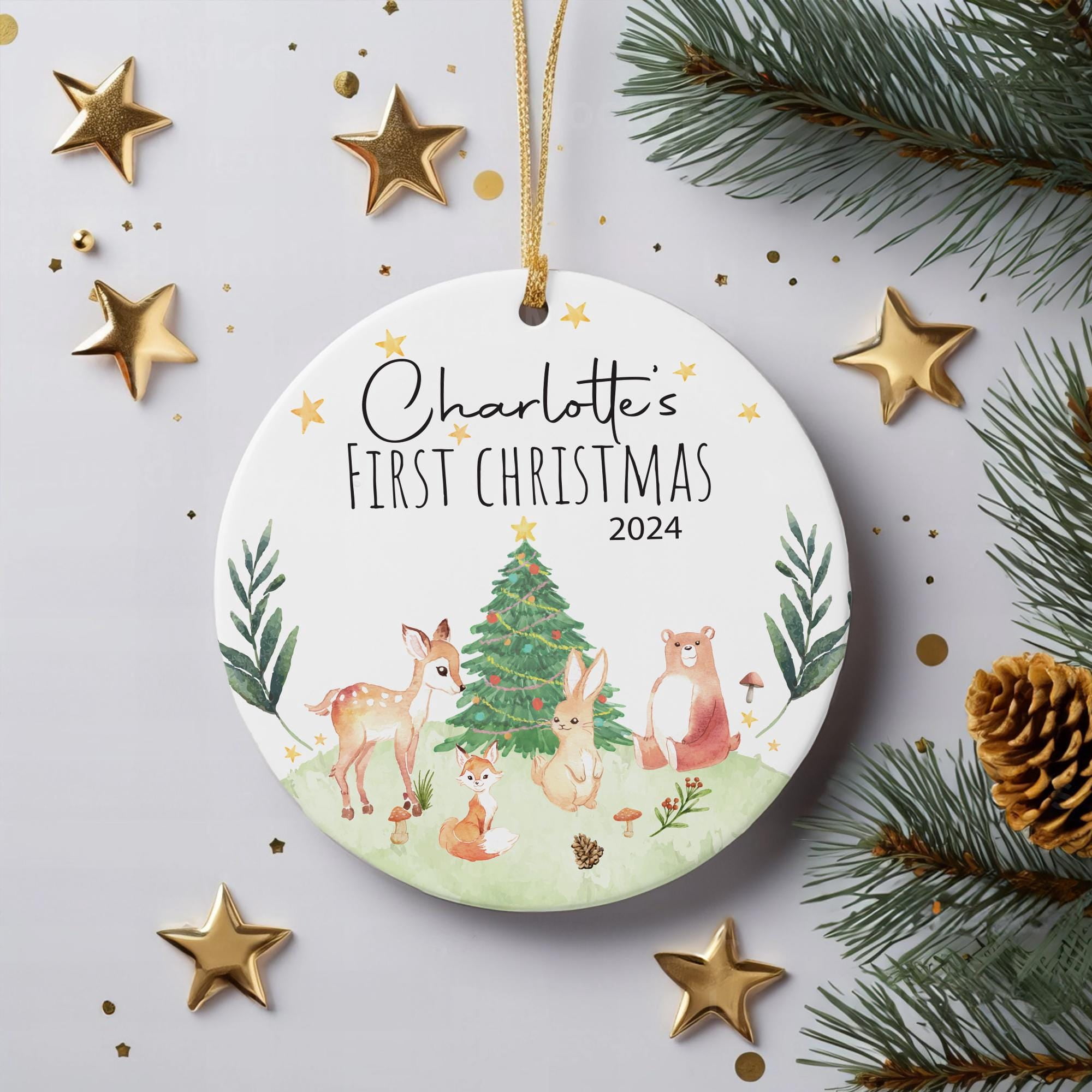 Baby's First Christmas Woodland Animal Ceramic Ornament 3 Inch Round Personalized Keepsake 2026
