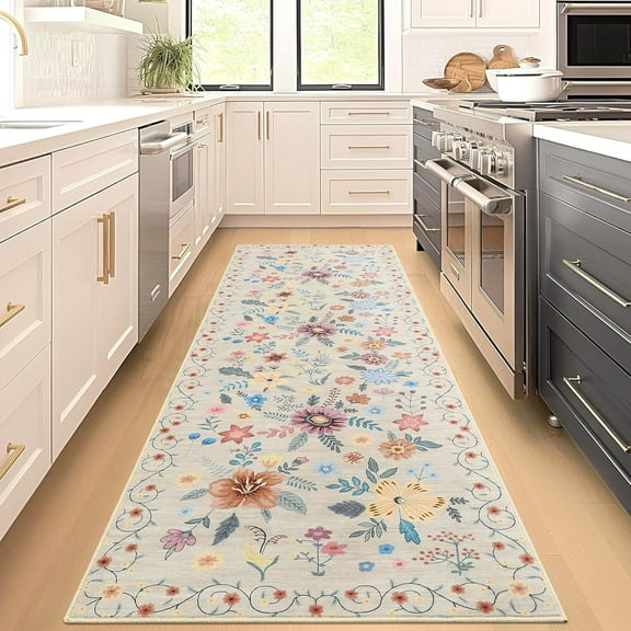 IdealHouse 2x6 Washable Floral Runner Rug, Non-Slip Ultra-Thin Soft Carpet, Boho Flower Kitchen Hallway Bedroom Runner, Stain Resistant, Beige