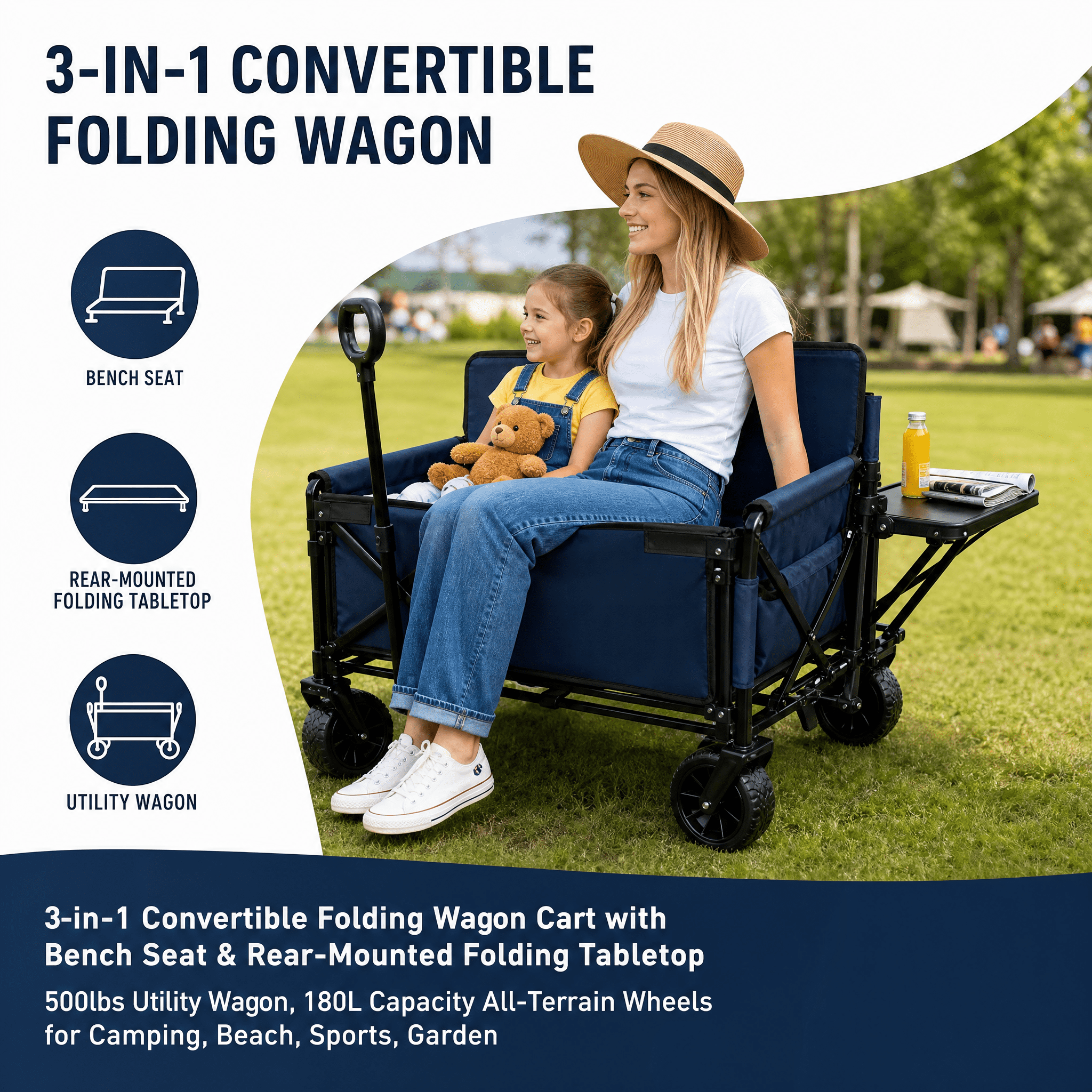 3-in-1 Convertible Folding Wagon Cart with Bench Seat & Rear-Mounted Folding Tabletop - 500lbs Utility Wagon, 180L Capacity All-Terrain Wheels for Camping, Beach, Sports, Garden