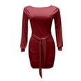 thumbnail image 6 of AOOCHASLIY Trendy Women Casual Solid Dress O-Neck Long Sleeve Bandage Mini Dress, 6 of 6