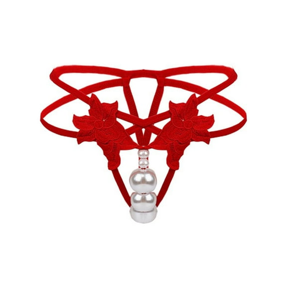 Sunvit-Panties Womens Pearl Embellished Strappy Thong - Red, Size L, Floral Accents, Soft Nylon Spandex Intimate Lingerie for Romantic Moments