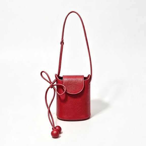Women Red PU Leather Cylinder Bucket Crossbody Purse, Small Trendy Shoulder Handbag with Decorative Bead Drawstring, Adjustable Thin Strap & Top Flap, Compact Daily Bag