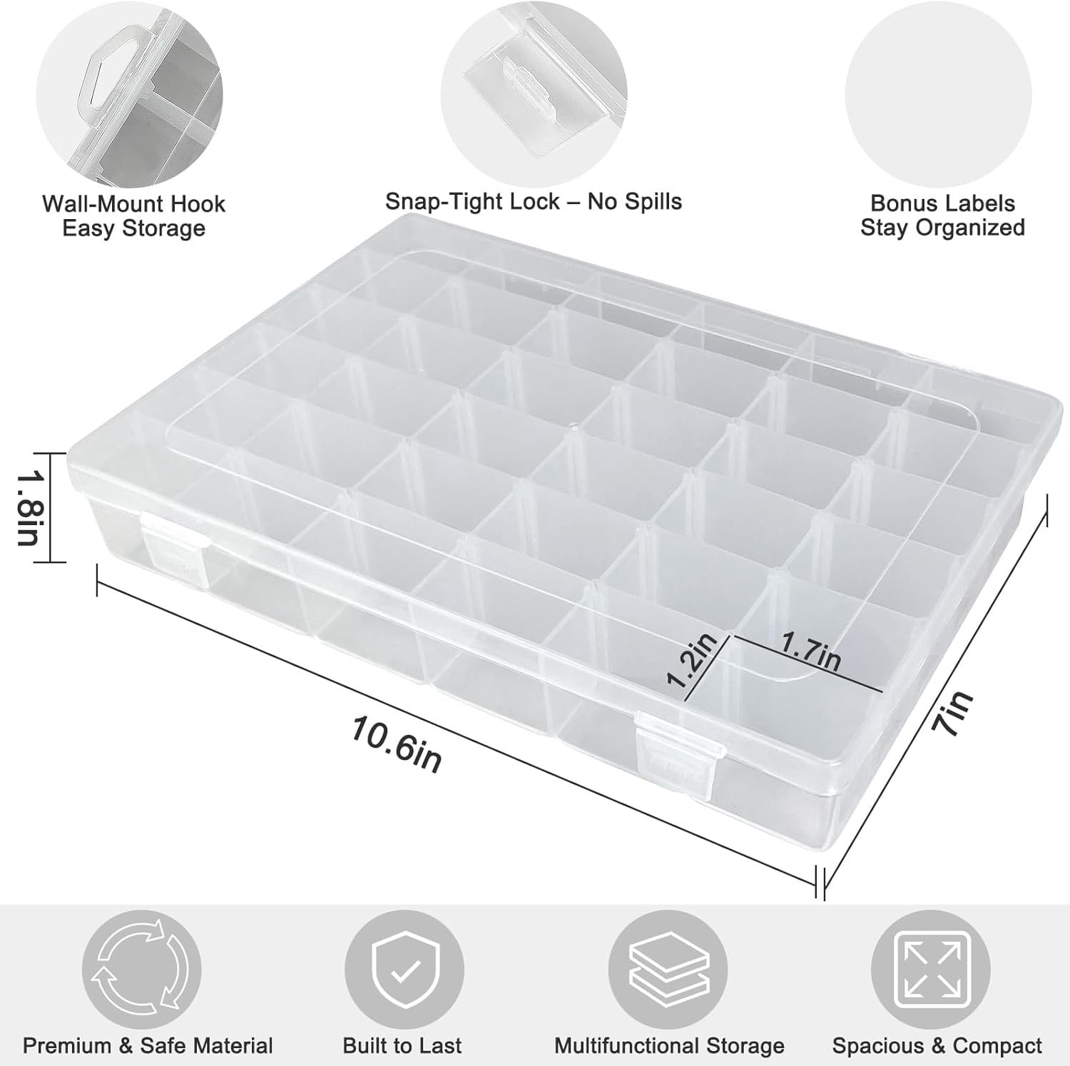 2-Pack 36-Grid Clear Organizer Box with Adjustable Dividers - Plastic Storage Box for Beads, Rock Collections &  - Small  Sorter for Screws, Tackle & Nails (No-Spill Latch)
