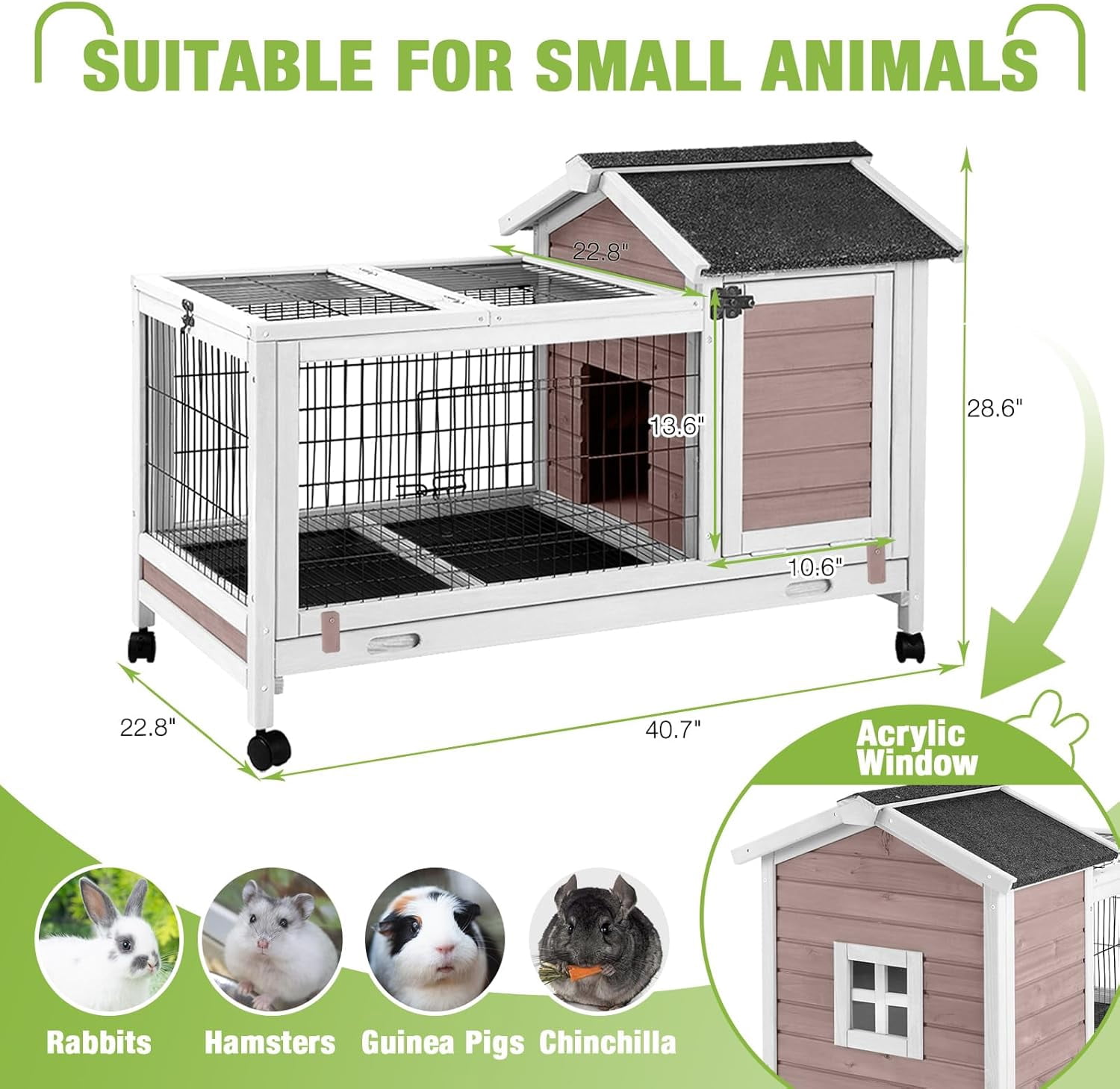 Aivituvin Rabbit Hutch Indoor and Outdoor, Wooden Rabbit Cage with Wheels, Mobile Bunny House with Leakproof Tray and Removable Wire Floor, Guinea Pig Cage with Run (Brown)
