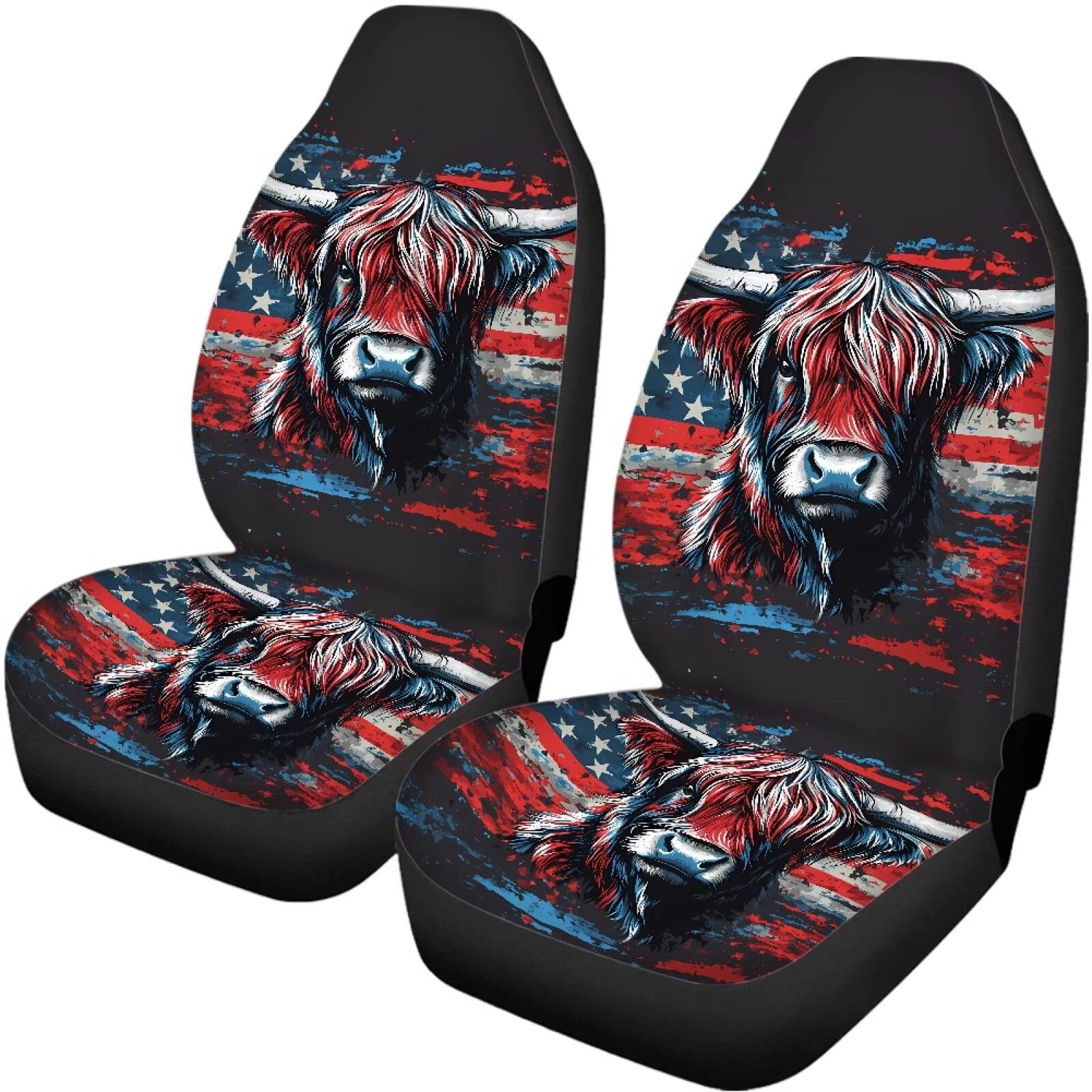 Pzuqiu American Flag Highland Cow Automotive Seat Covers Seat Cover Sets Fashion Full Car Interiors 4 Seats Car Seat Protector Automotive Vehicle Cushion Print for Cars Truck Universal Fit Set