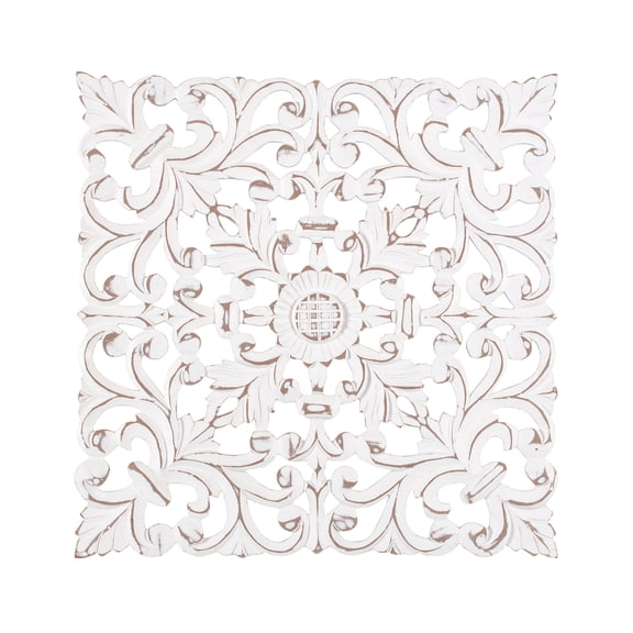 MH London Malbec Wall Medallion Wall Decor Set of 2, Hand Carved Engineered Wood, Decorative Wall Art Panels, 15.5 x 15.5 in, Distressed White