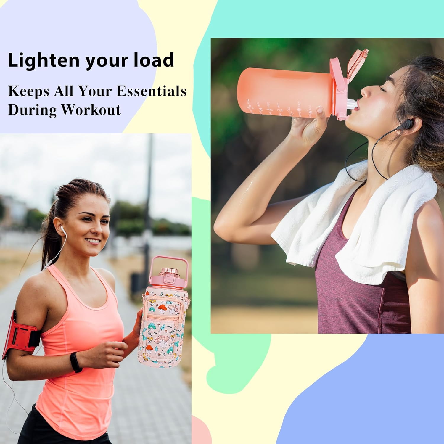 64 oz Water Bottle with Straw Sleeve & Strap Motivational BPA Free Half Gallon Water Jug with Handle for Gym Women Men Aesthetic Water Bottle with Strap Mushroom Pink
