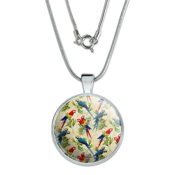 Macaws Parrots Jungle Rainforest Pattern 1" Pendant with Sterling Silver Plated Chain