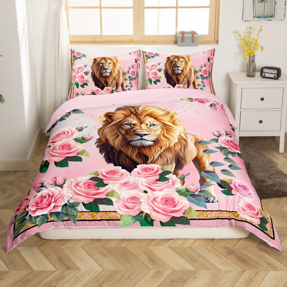 Erosebridal Wildlife Lion Comforter Cover, Rose Floral Duvet Cover, Hippie Western Reversible Bedding, Ultra Soft Bedroom Decor, 2 Pieces（No Comforter）
