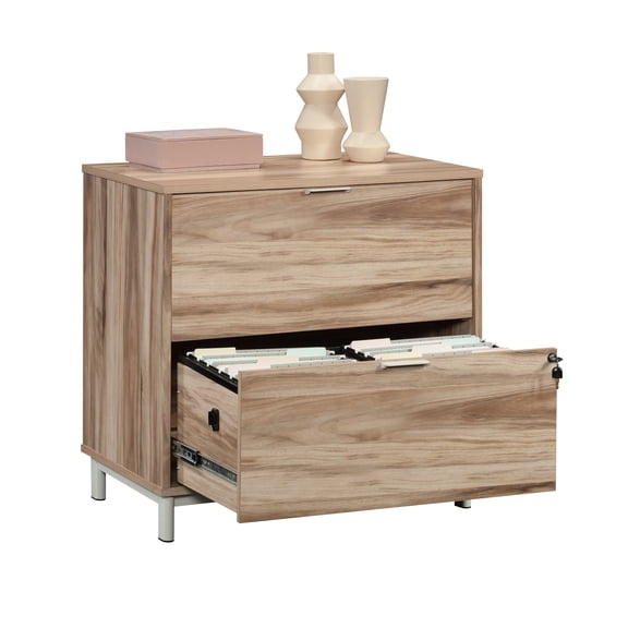 Xukmct Wood Storage Cabinet with Metal Base and Lock, 2 Drawers Lateral File Cabinet for Living Room, Office, Brown
