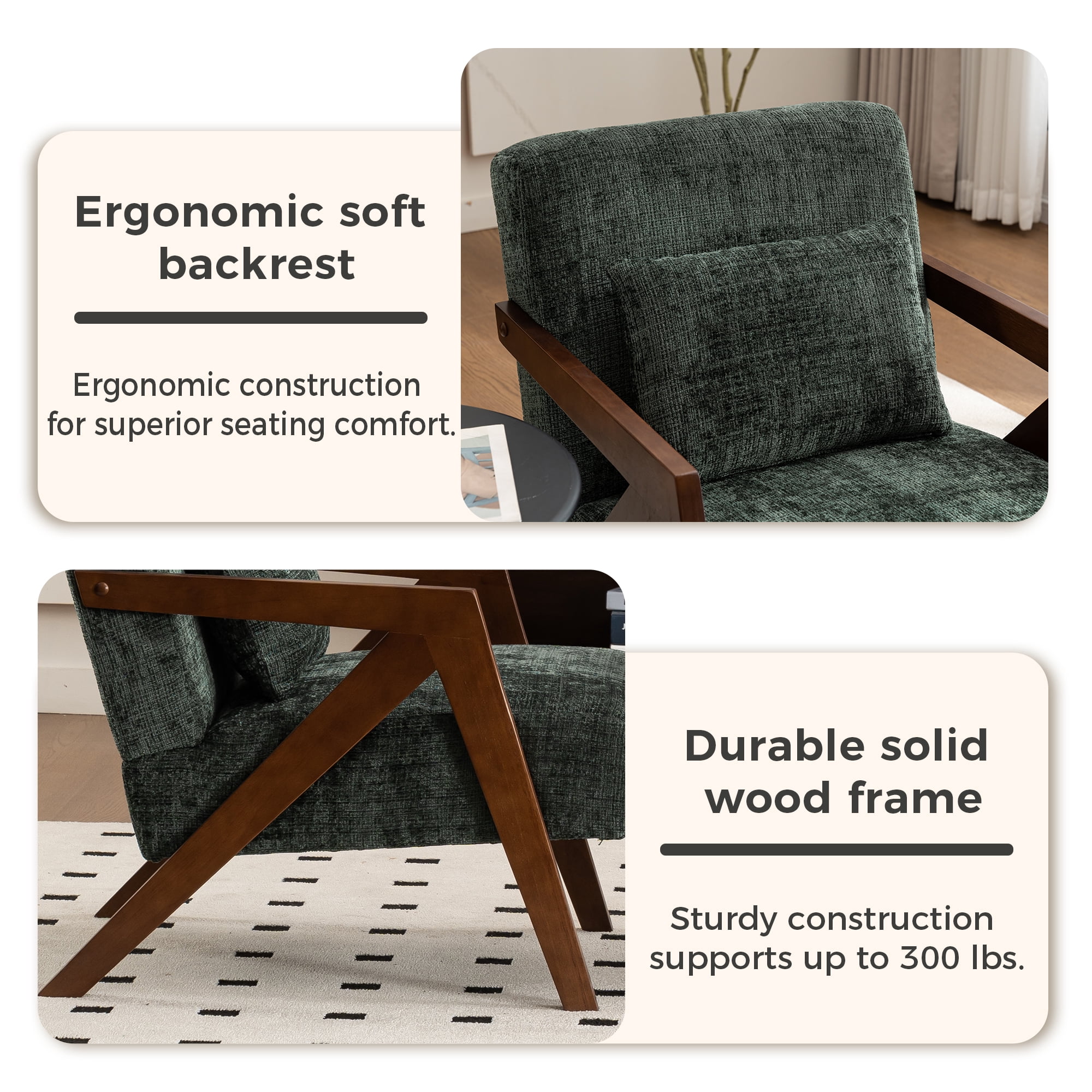 Mid-Century Modern Accent Chair with Solid Wood Frame,Upholstered Chenille Living Room Arm Chairs with Pillow for Bedroom, Living Room, Balcony, Reading Room