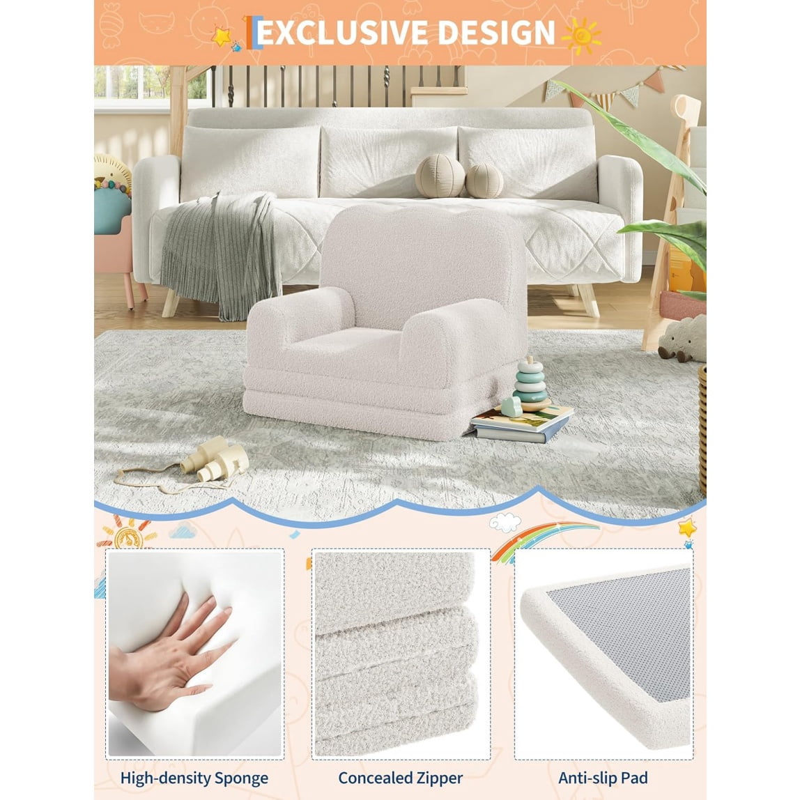 Home Kids Couch, 2-in-1 Convertible Toddler Sofa Chair, Soft Fold Out Couch Lounger for Kids, Comfy Children's Sofa Bed for Playroom