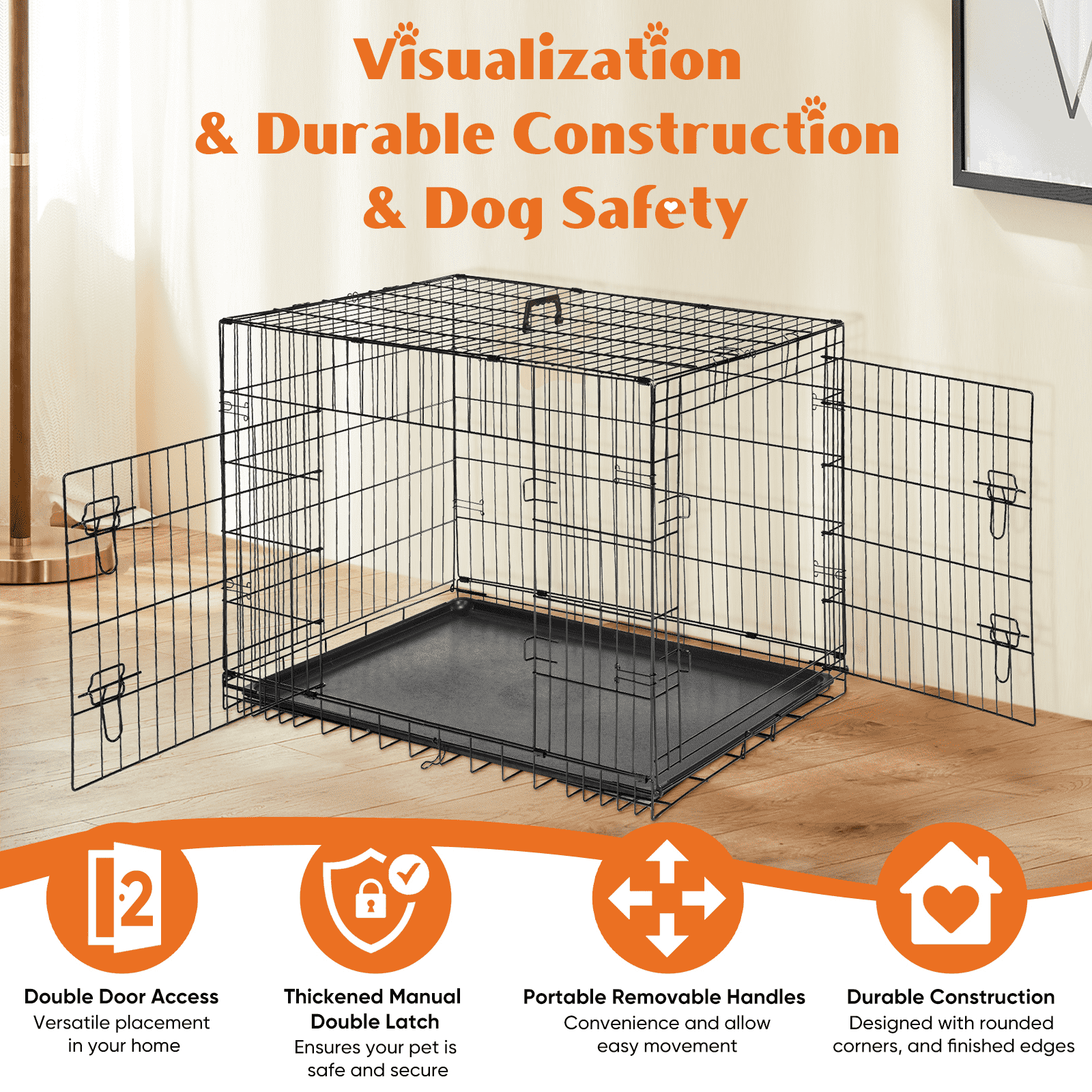 MAYEERTY Black Dog Crate 36in Double Doors Foldable Metal Kennel