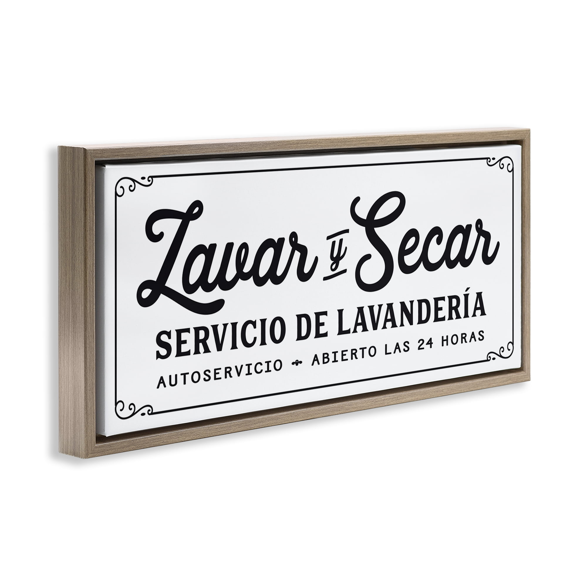 Stupell Industries Lavar y Secar Lavandería Abierto Bath & Laundry Painting Brown Floater Framed Art Print Wall Art, 31 x 14