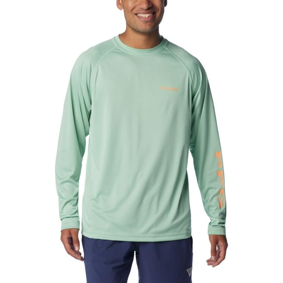 Columbia Men's Terminal Tackle Heather Long Sleeve Shirt, New Mint Heather/Bright Nectar Logo, X-Large