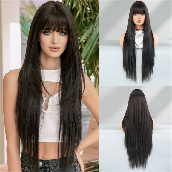 Women's Long Straight Synthetic Wig - 34 Inch Layered Black Hair with Bangs & Free Hair Net
