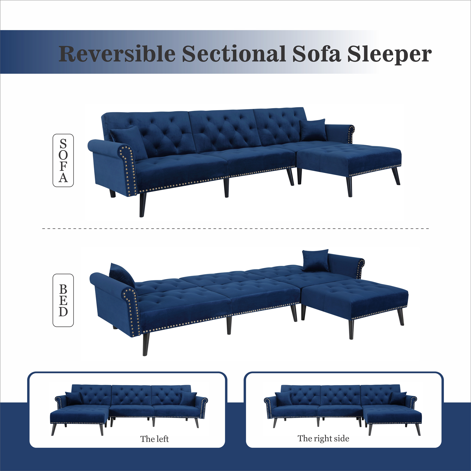 Aukfa 115" Velvet Sectional Sleeper Sofa for Living Room, Convertible Sofa Bed Queen, Blue