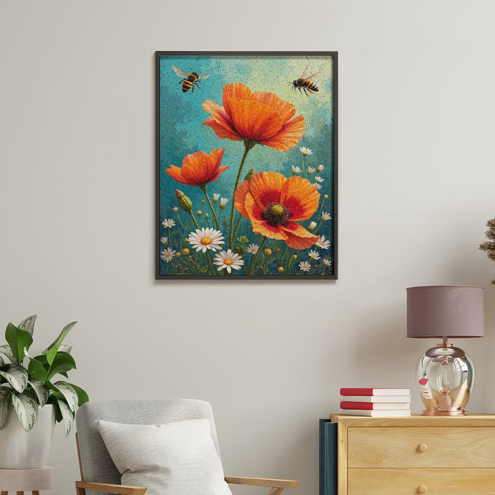 Paint By Numbers Kit for Adults Beginner - DIY Orange Poppies Bees Daisies Garden Canvas Painting Kits for Adults, Frameless Paint By Number for Adults for Home Wall Decor 16x20 Inch