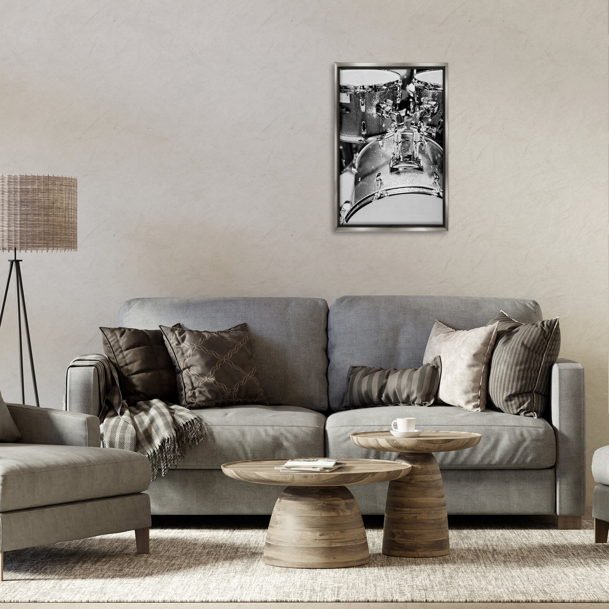 Stupell Industries Drum Set Black & White Entertainment Painting Gray Floater Framed Canvas Art Print Wall Art, 17 x 25