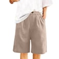 thumbnail image 3 of Womens Bermuda Shorts Knee Length Wide Leg Linen Long Shorts with Pockets Summer Casual Elastic High Waist Short Pants Camel XL, 3 of 5
